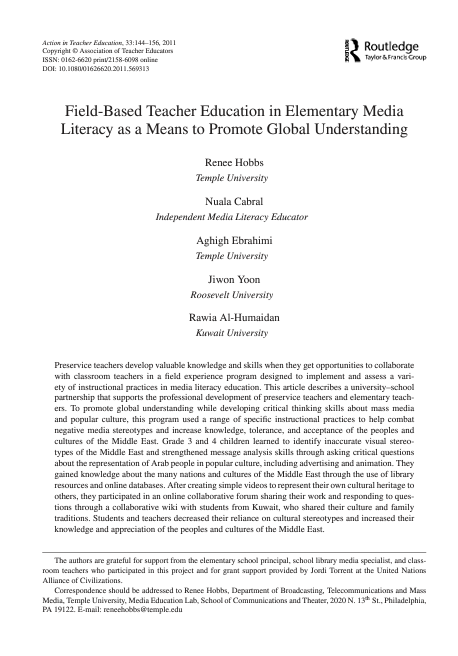 Field-Based Teacher Education in Elementary Media Literacy as a Means to Promote Global Understanding
