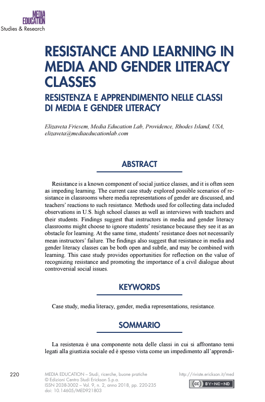 Resistance and Learning in Media & Gender Literacy Classes