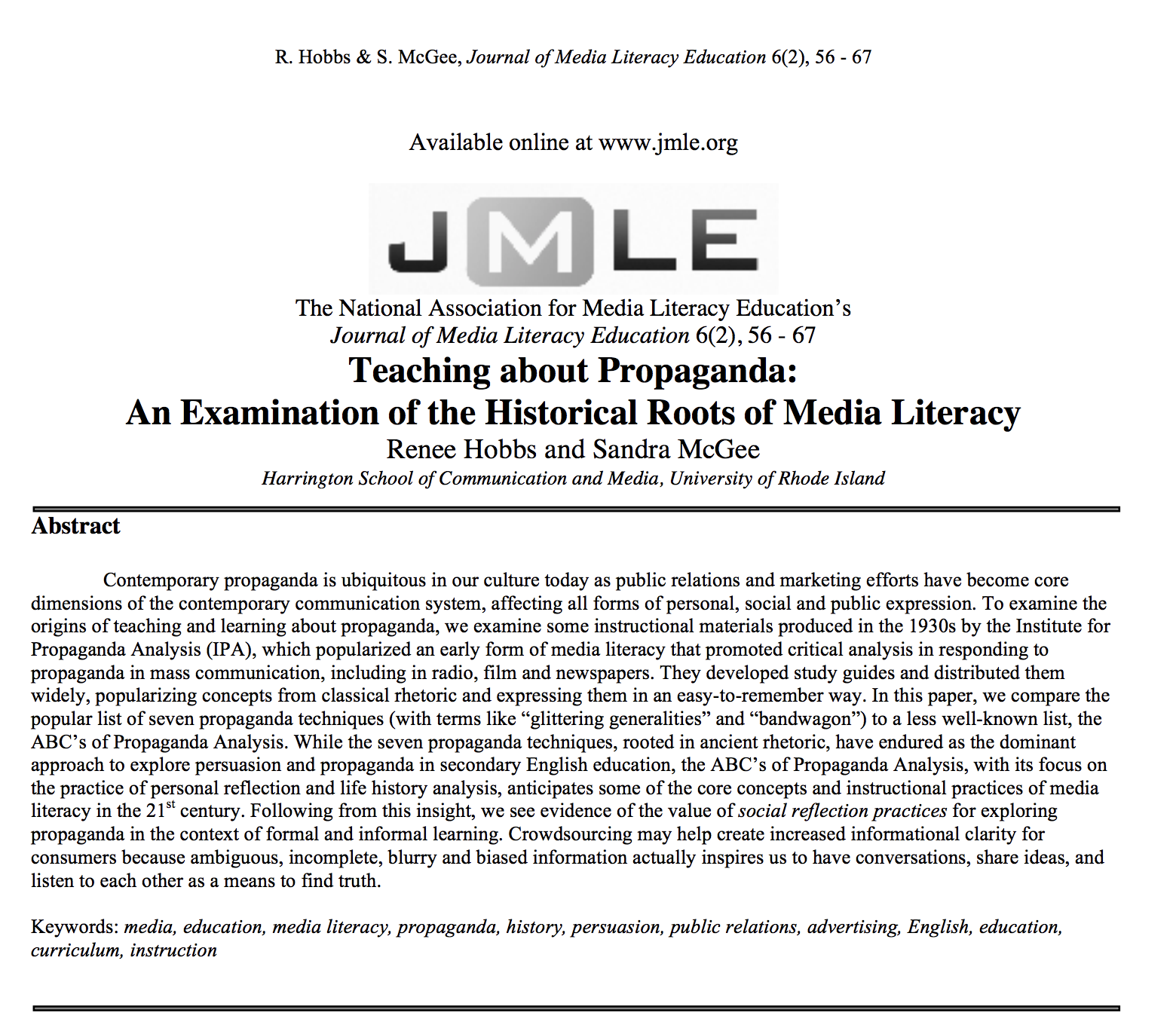 Teaching About Propaganda: An Examination of the Historical Roots of Media Literacy