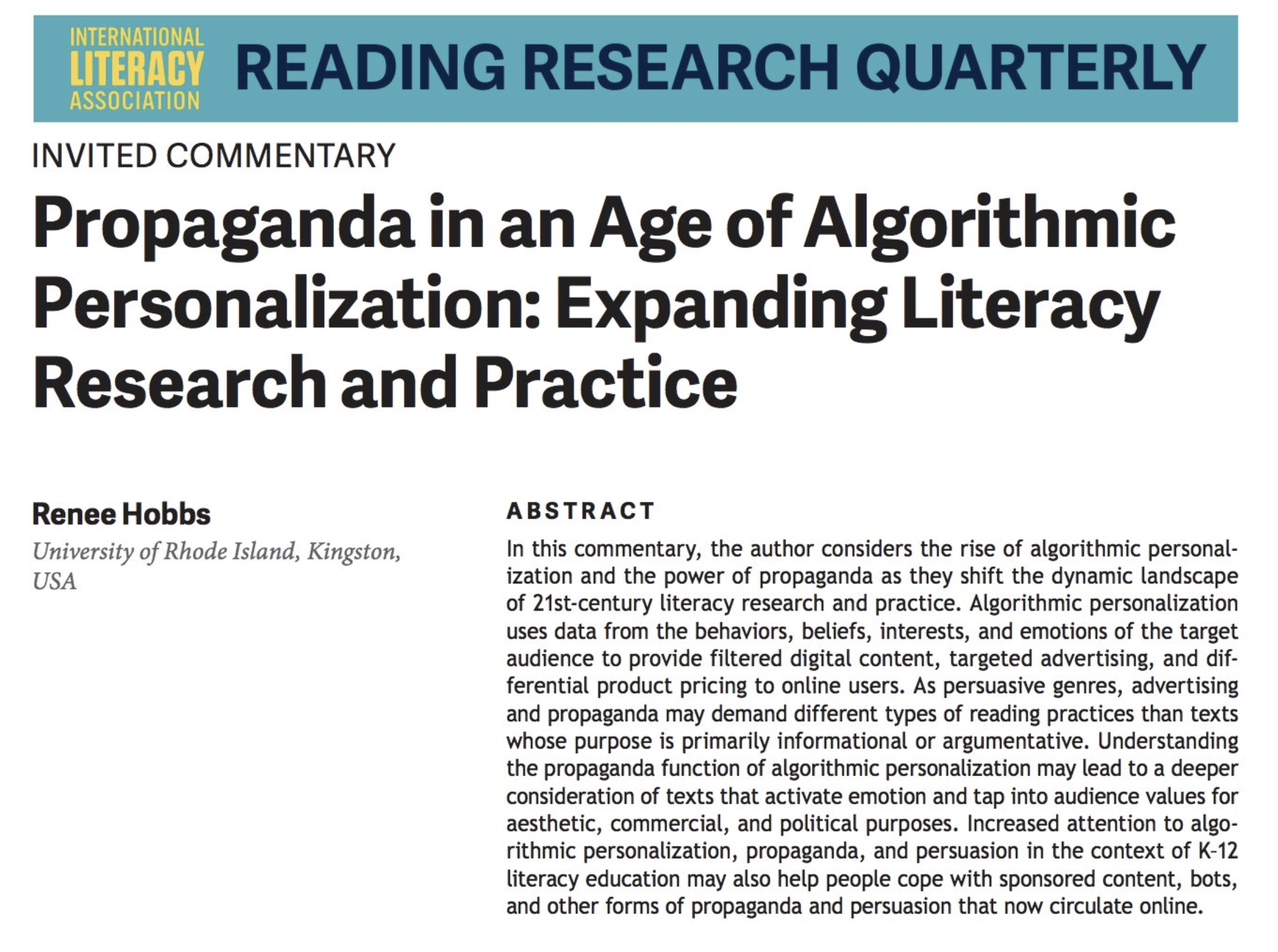 Propaganda in an Age of Algorithmic Personalization:  Expanding Literacy Research and Practice